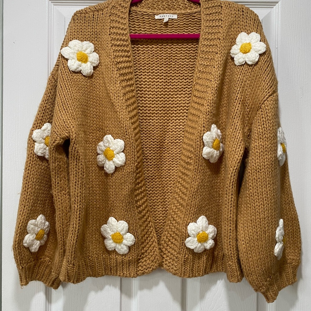 Women's Brown Knit Sweater with Floral Accents